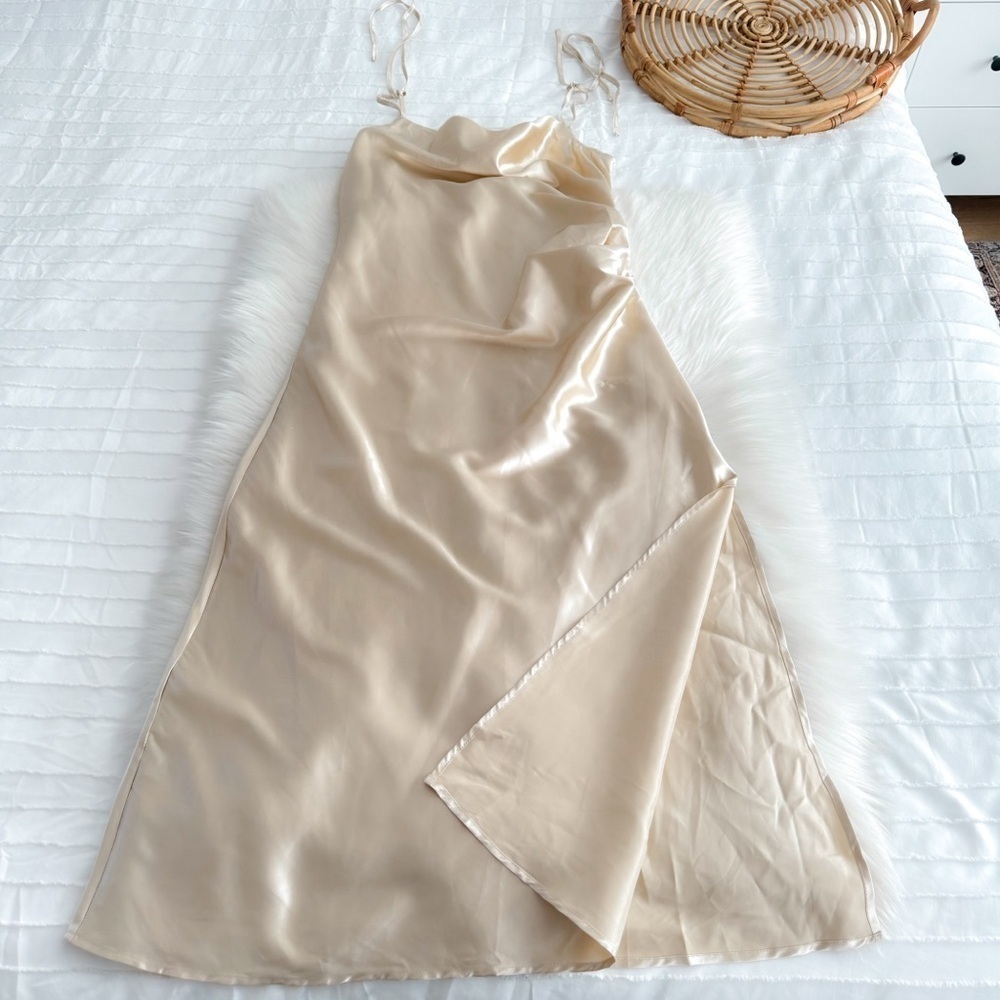 Topsix Bridesmaids Midi Slit Dress Silky Satin Gold Side Slit Cowl Neck - Picture 7 of 14